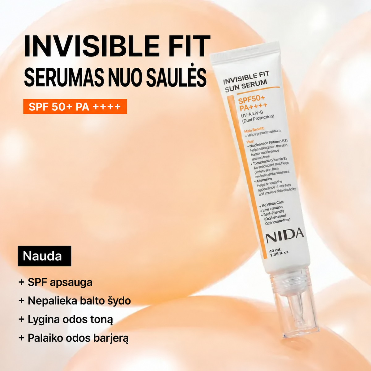 NIDA Invisible Fit™ Apsauginis veido serumas nuo saulės SPF50+, 40 ml.