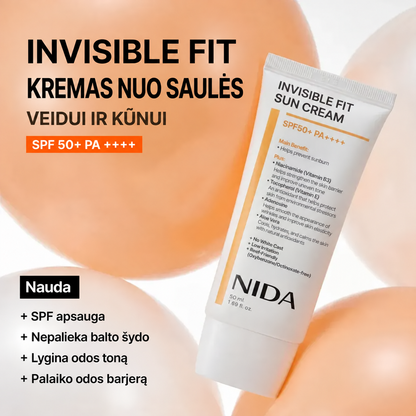 NIDA Invisible Fit™ Apsauginis kremas nuo saulės veidui ir kūnui SPF50+, 50 ml.
