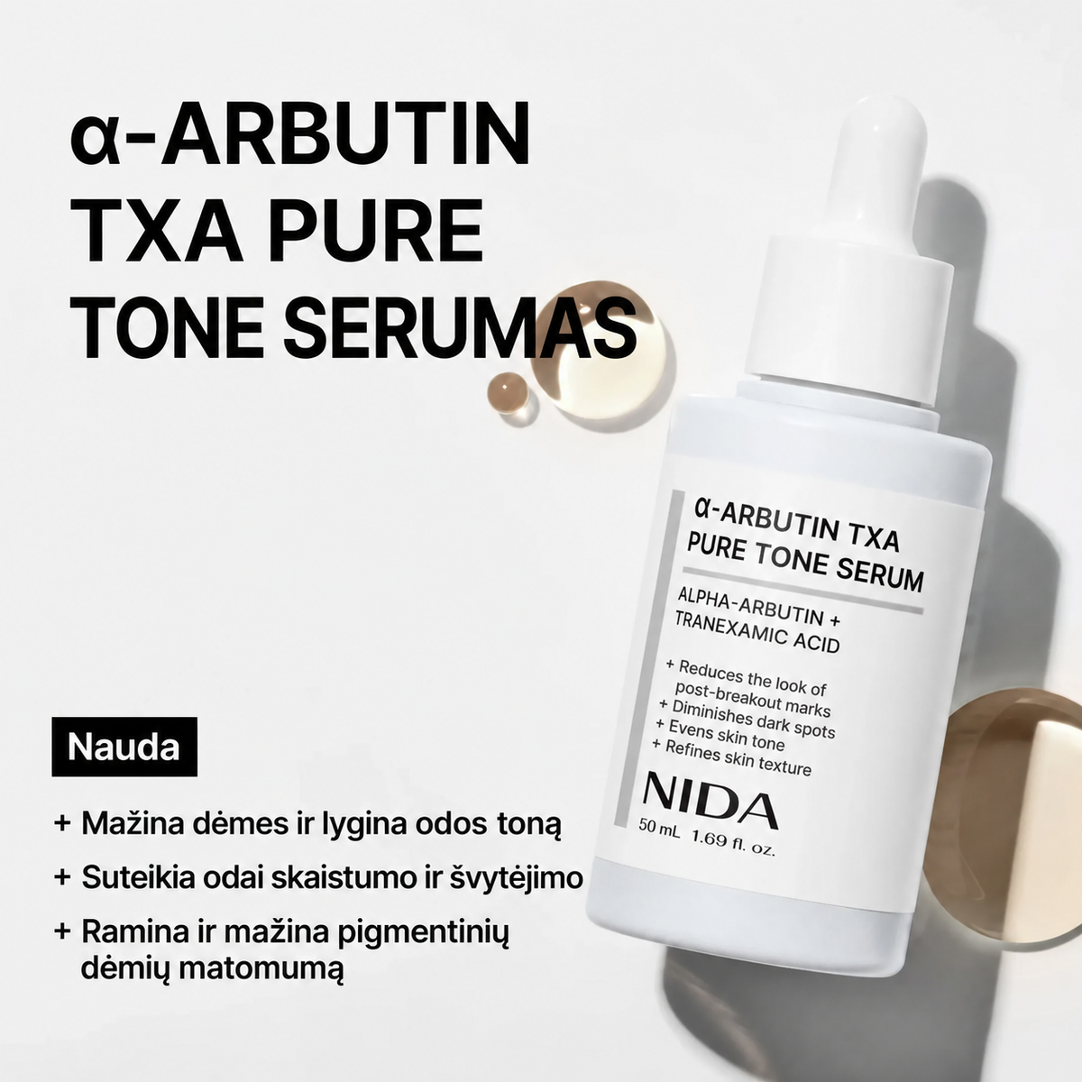NIDA skaistinantis serumas su alfa-arbutinu ir TXA, 50 ml.