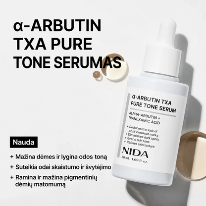 NIDA skaistinantis serumas su alfa-arbutinu ir TXA, 50 ml.